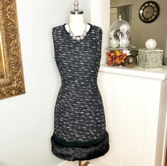 NWT Calvin Klein Tweed Dress with Faux Fur Trim - Picture 1 of 8